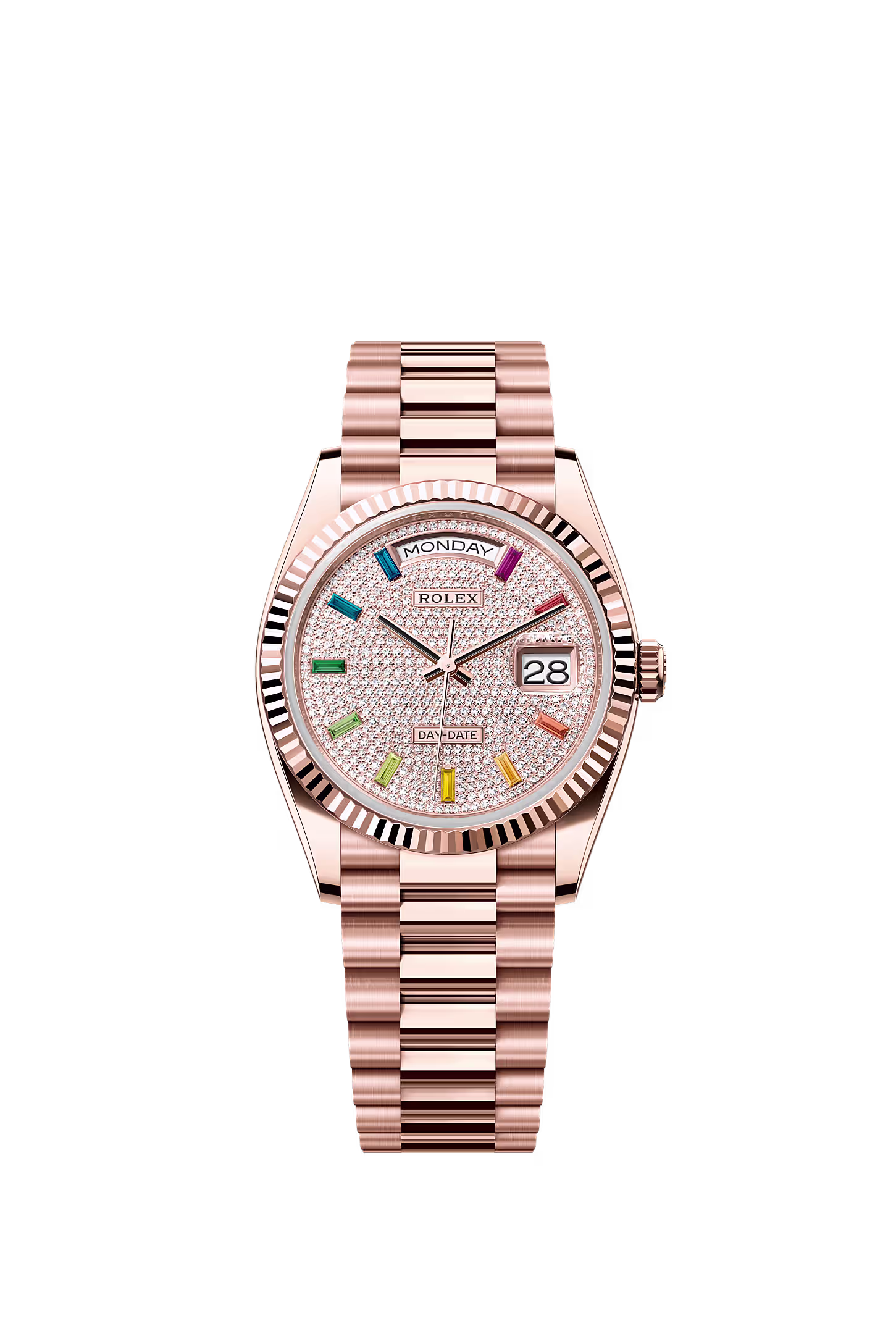 Rolex Day Date 36 Everose Gold Fluted Paved Rainbow President, Referentie 128235-0039