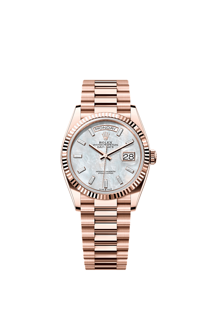 Rolex Day Date 36 Everose Gold Fluted Mop Baguette President, Referentie 128235-0078