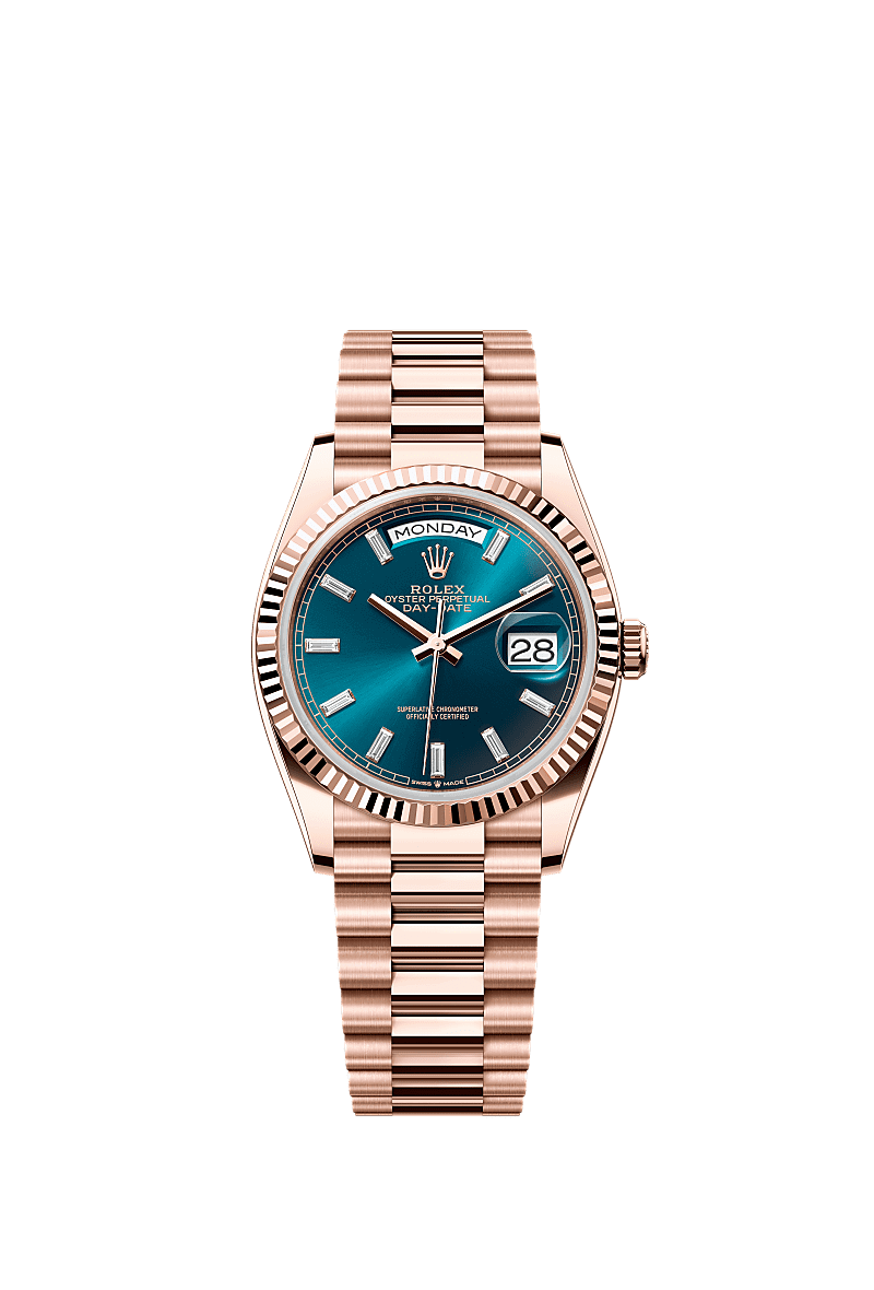 Rolex Day Date 36 Everose Gold Fluted Blue Green Baguette President 128235-0085