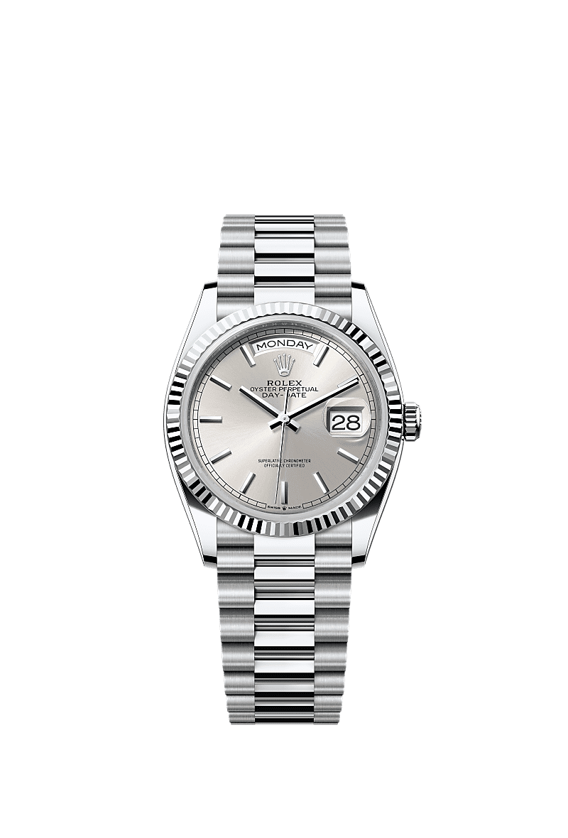 Rolex Day Date 36 Platinum Fluted Silver President, Referentie 128236-0001