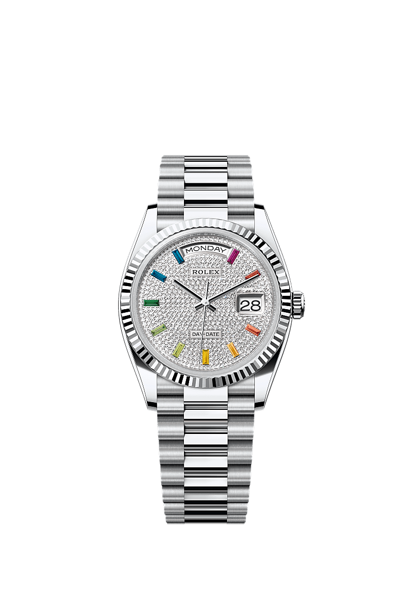 Rolex Day Date 36 Platinum Fluted Paved Rainbow President, Referentie 128236-0003