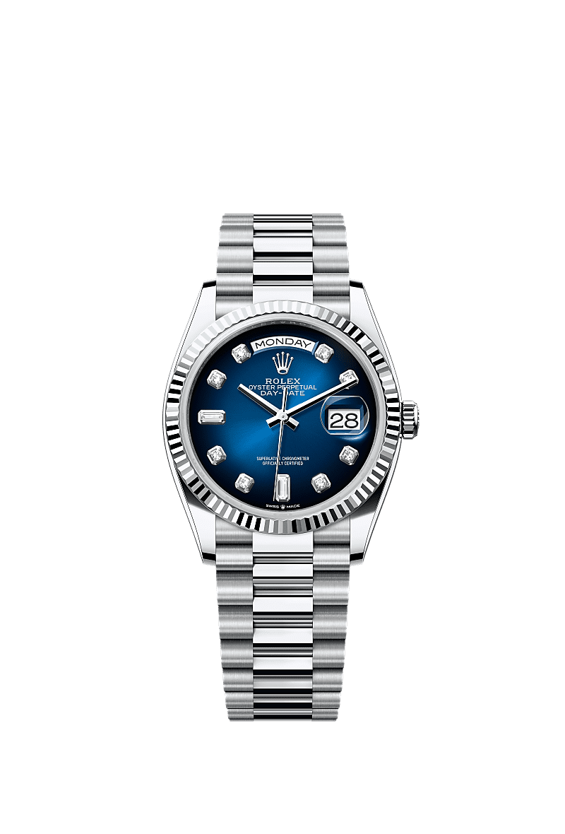 Rolex Day Date 36 Platinum Fluted Blue President, Referentie 128236-0005