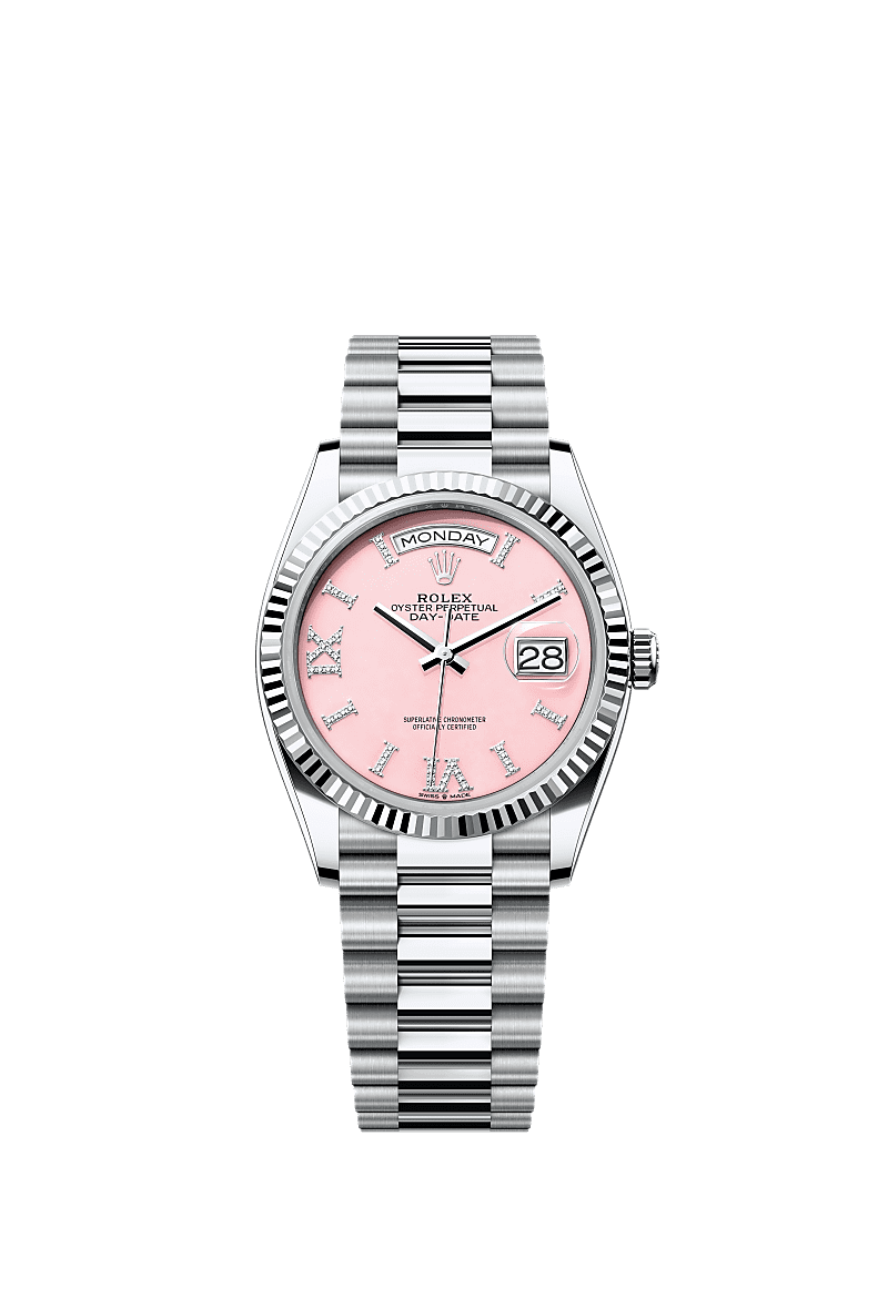 Rolex Day Date 36 Platinum Fluted Pink Opal President, Referentie 128236-0006