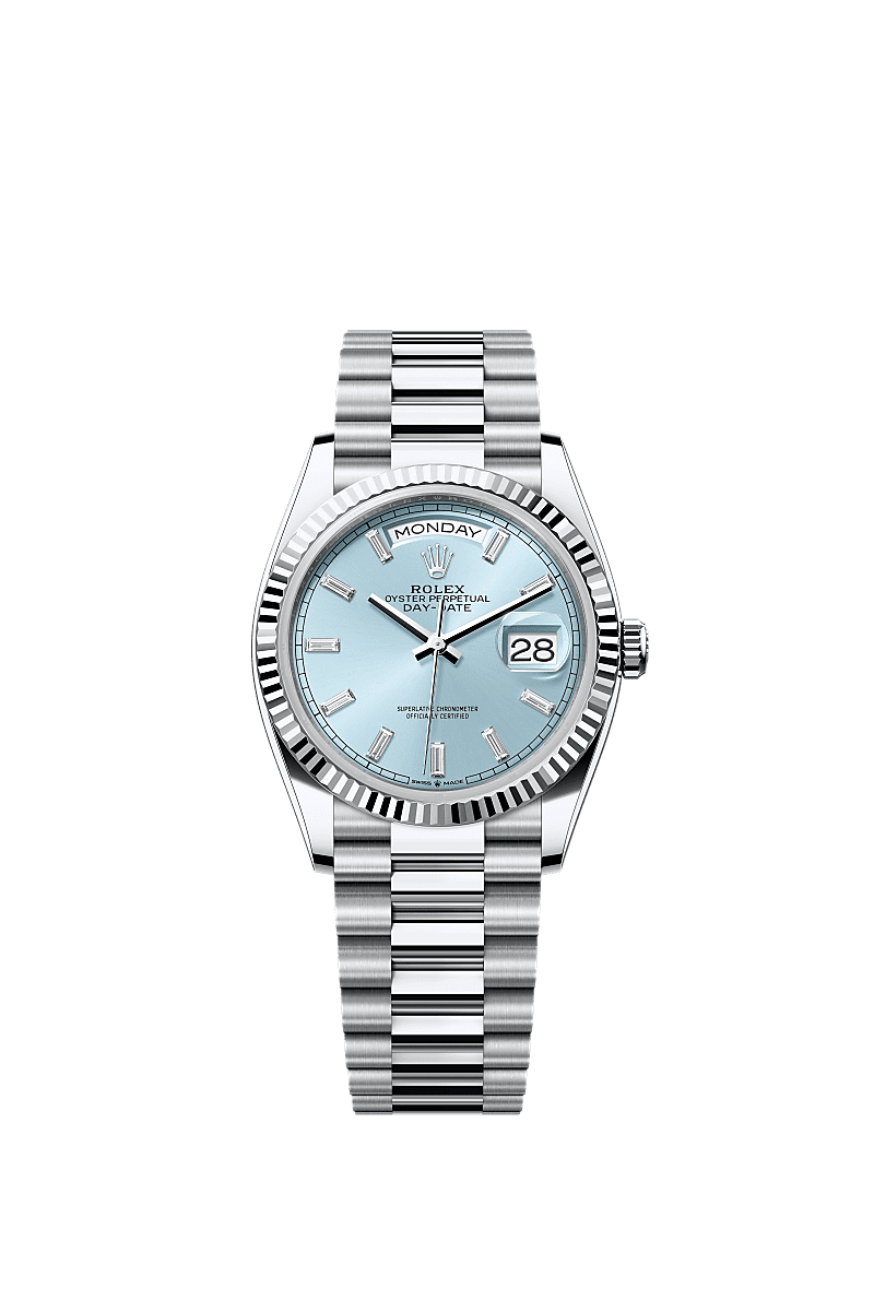Rolex Day Date 36 Platinum Fluted Ice Blue Baguette President, Reference 128236-0009