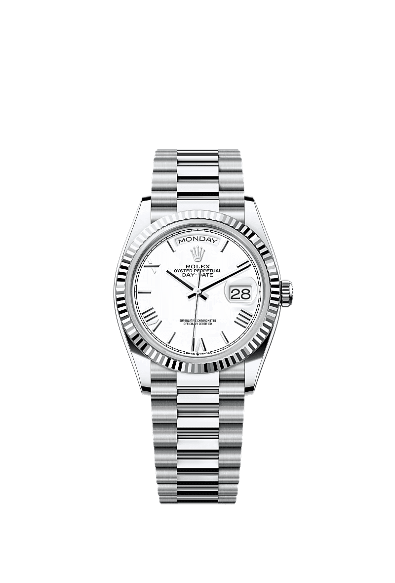 Rolex Day Date 36 Platinum Fluted White Roman President, Referentie 128236-0017