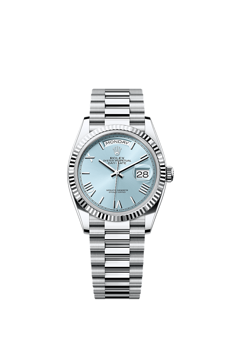 Rolex Day Date 36 Platinum Fluted Ice Blue Roman President, Reference 128236-0018