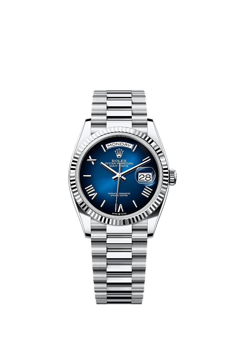 Rolex Day Date 36 Platinum Fluted Blue Ombre Roman President 128236-0020