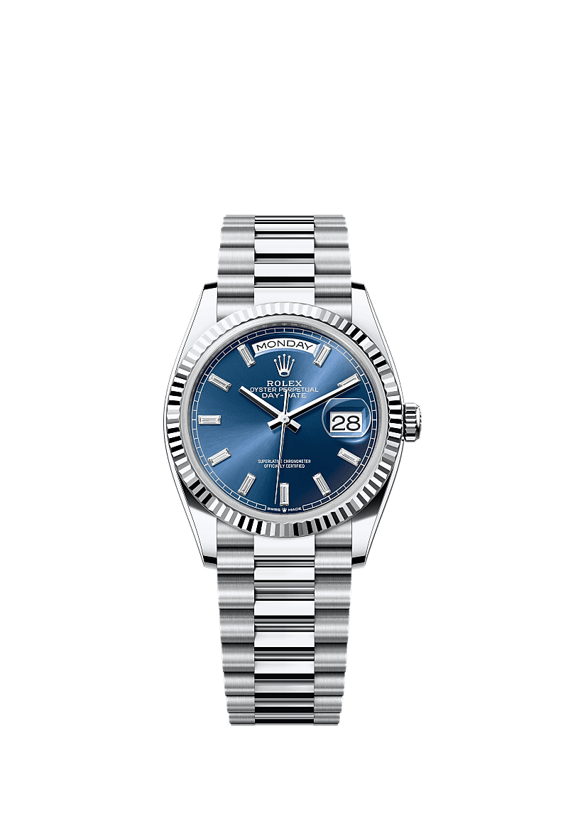 Rolex Day Date 36 Platinum Fluted Bright Blue Baguette President 128236-0023