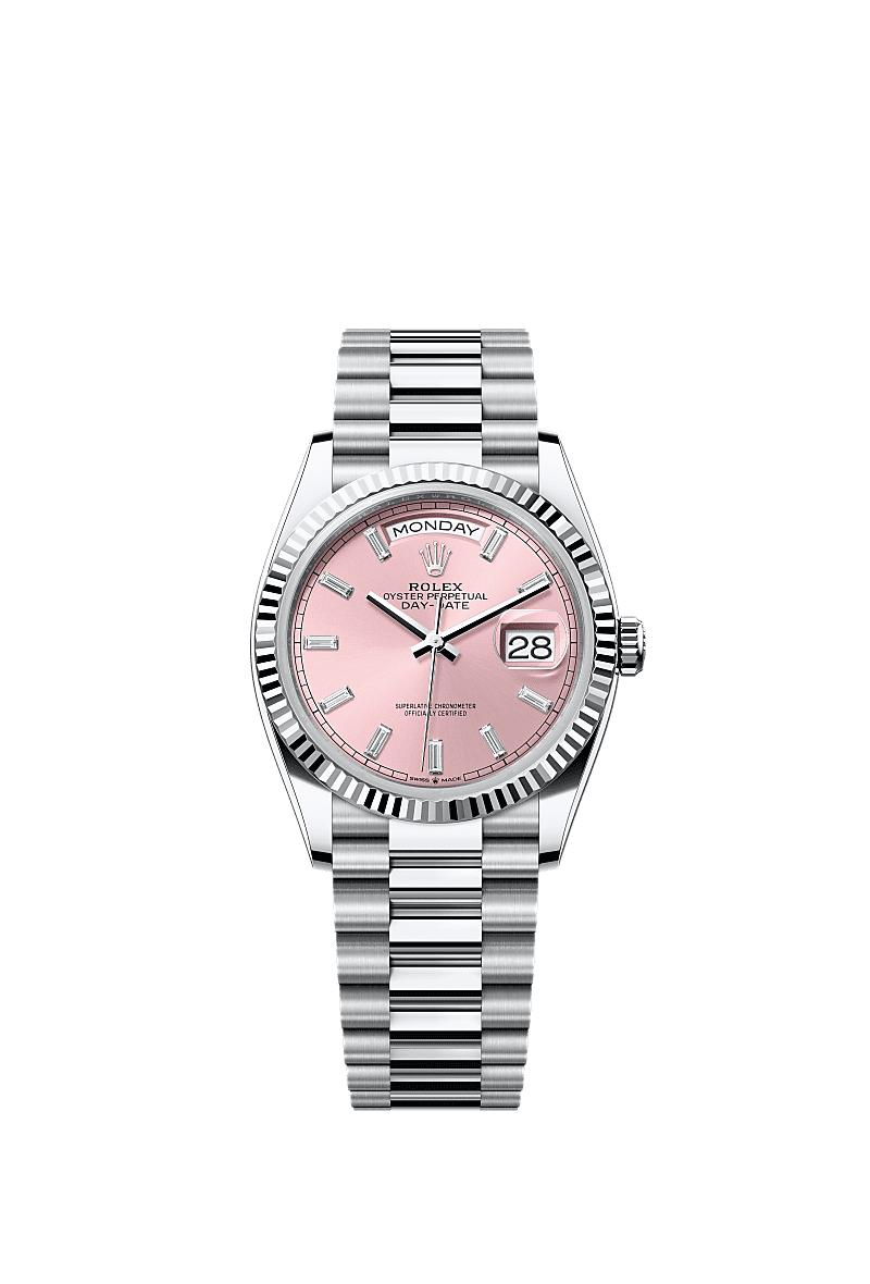Rolex Day Date 36 Platinum Fluted Pink Baguette President, Reference 128236-0024