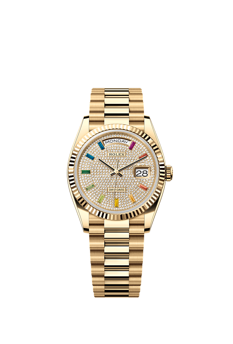 Rolex Day Date 36 Yellow Gold Fluted Paved Rainbow President, Referentie 128238-0051
