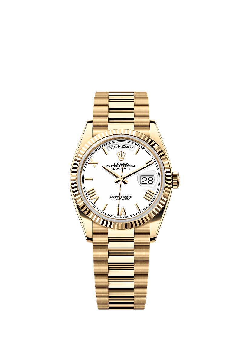 Rolex Day Date 36 Yellow Gold Fluted White Roman President, Referentie 128238-0113
