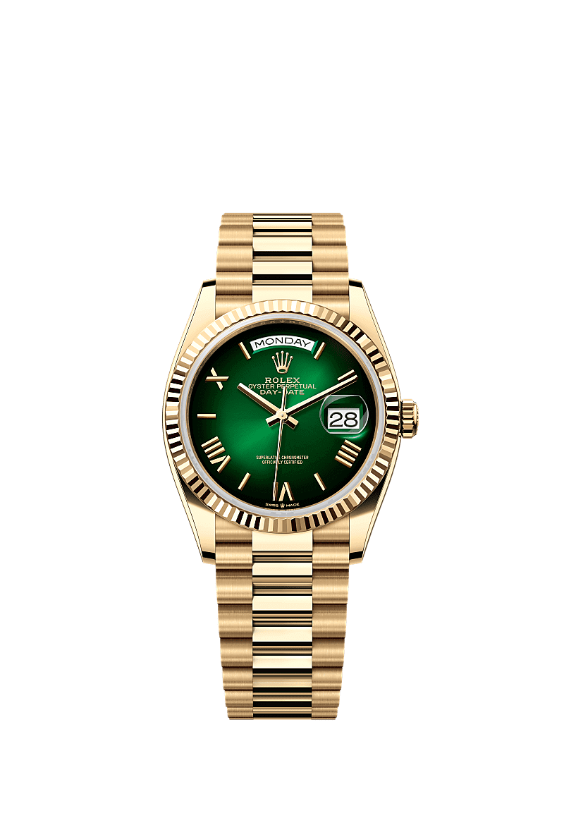 Rolex Day Date 36 Yellow Gold Fluted Green Ombre Roman President, Referentie 128238-0118