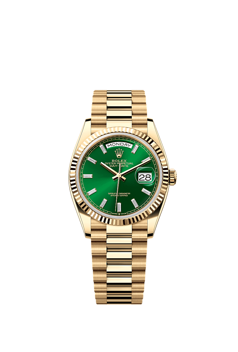 Rolex Day Date 36 Yellow Gold Fluted Bright Green Baguette President 128238-0130