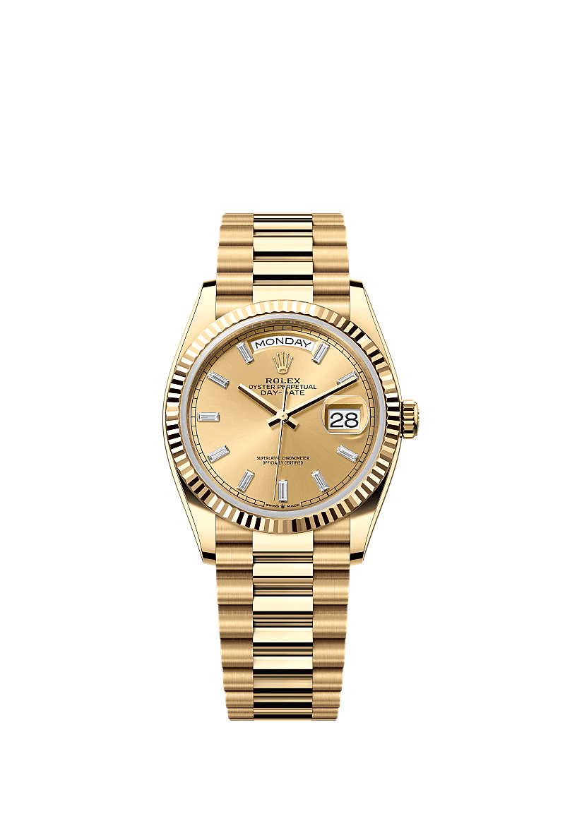 Rolex Day Date 36 Yellow Gold Fluted Champagne Baguette President, Referentie 128238-0132