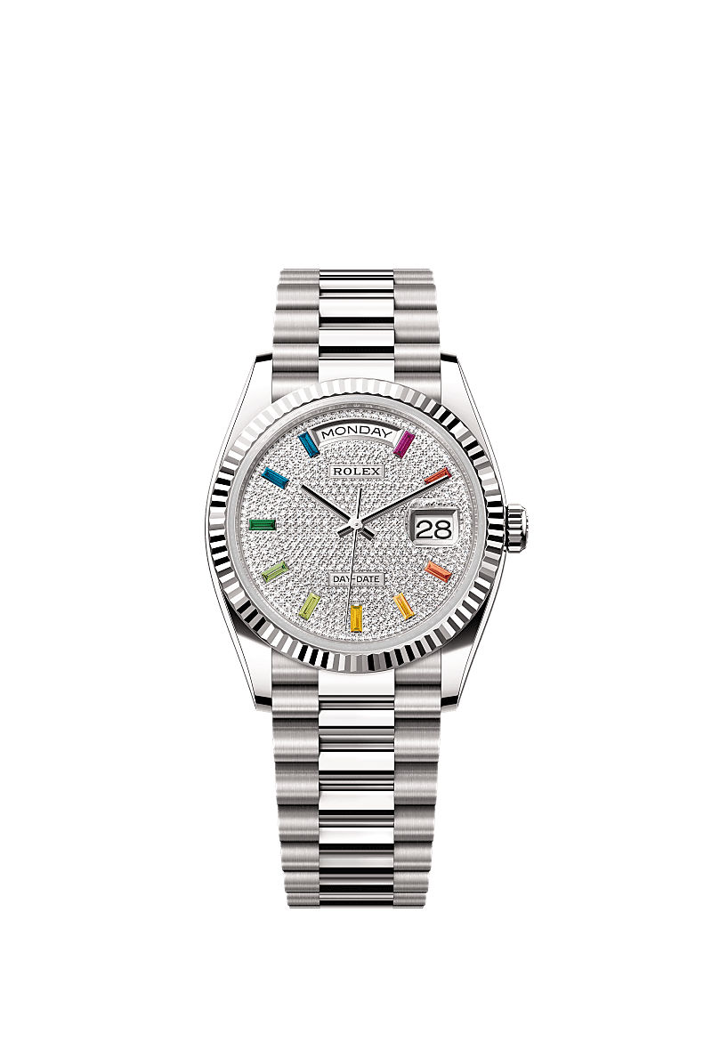Rolex Day Date 36 White Gold Fluted Paved Rainbow President, Referentie 128239-0019