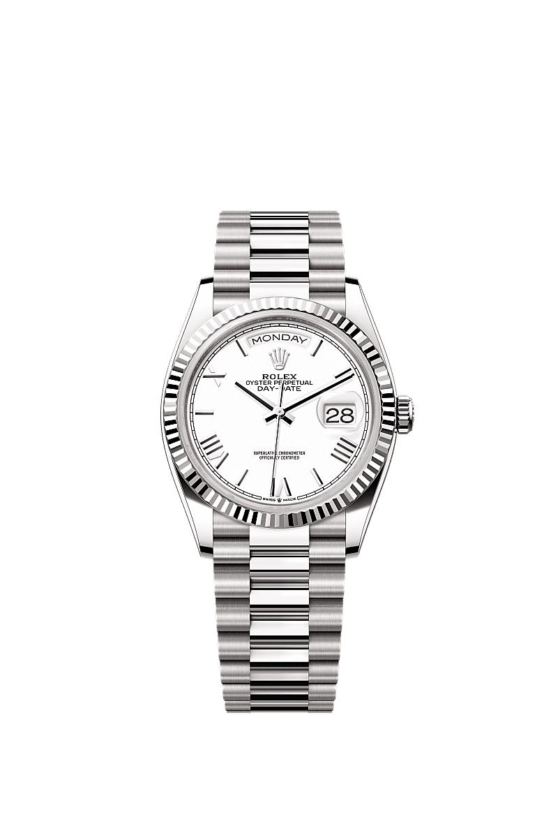 Rolex Day Date 36 White Gold Fluted White Roman President, Referentie 128239-0059