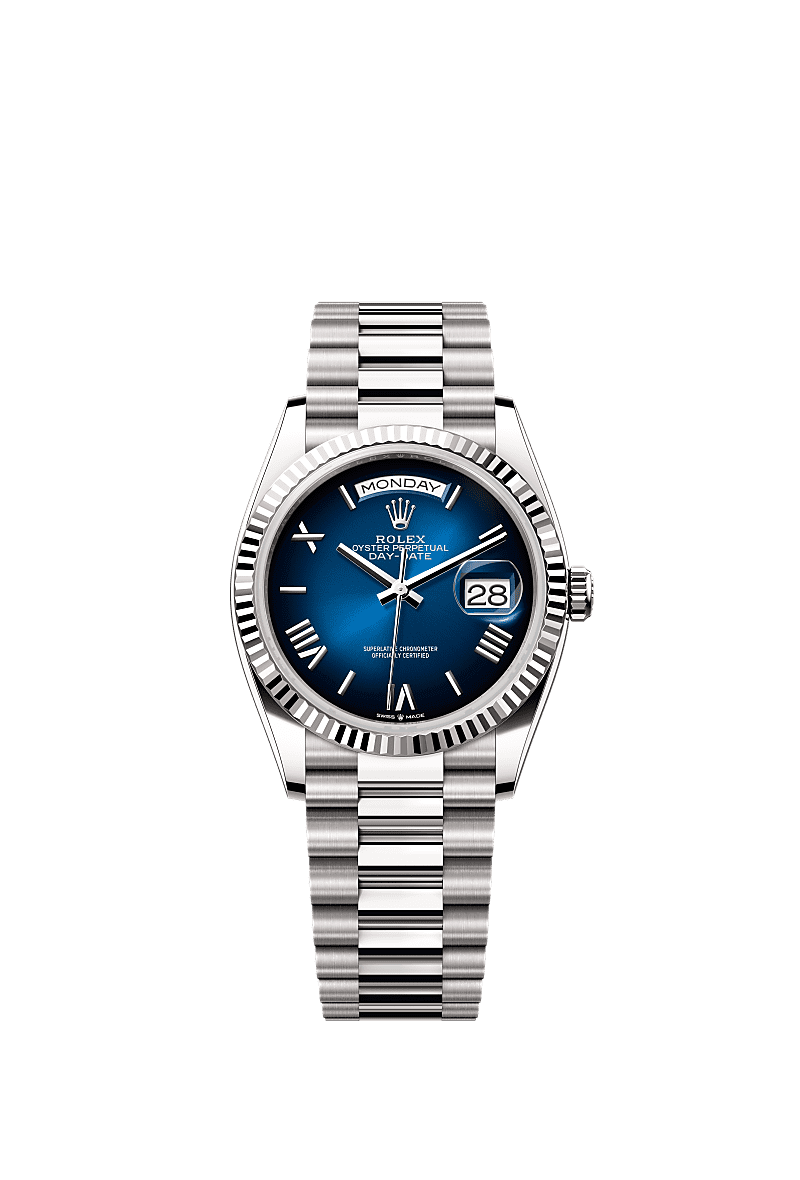 Rolex Day Date 36 White Gold Fluted Blue Ombre Roman President 128239-0063
