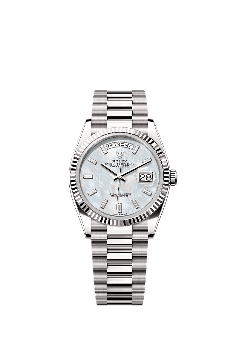 Rolex Day Date 36 White Gold Fluted Mop Baguette President, Reference 128239-0065