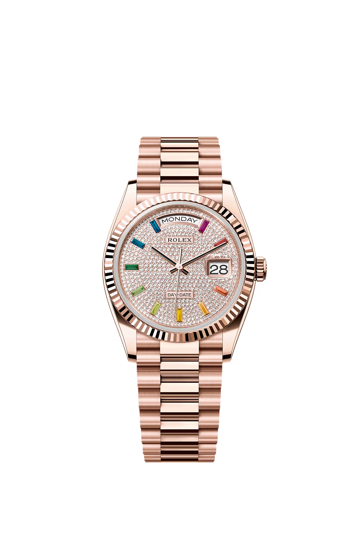 Rolex Day Date 36 Everose Gold Fluted Paved Rainbow President 128235-0039
